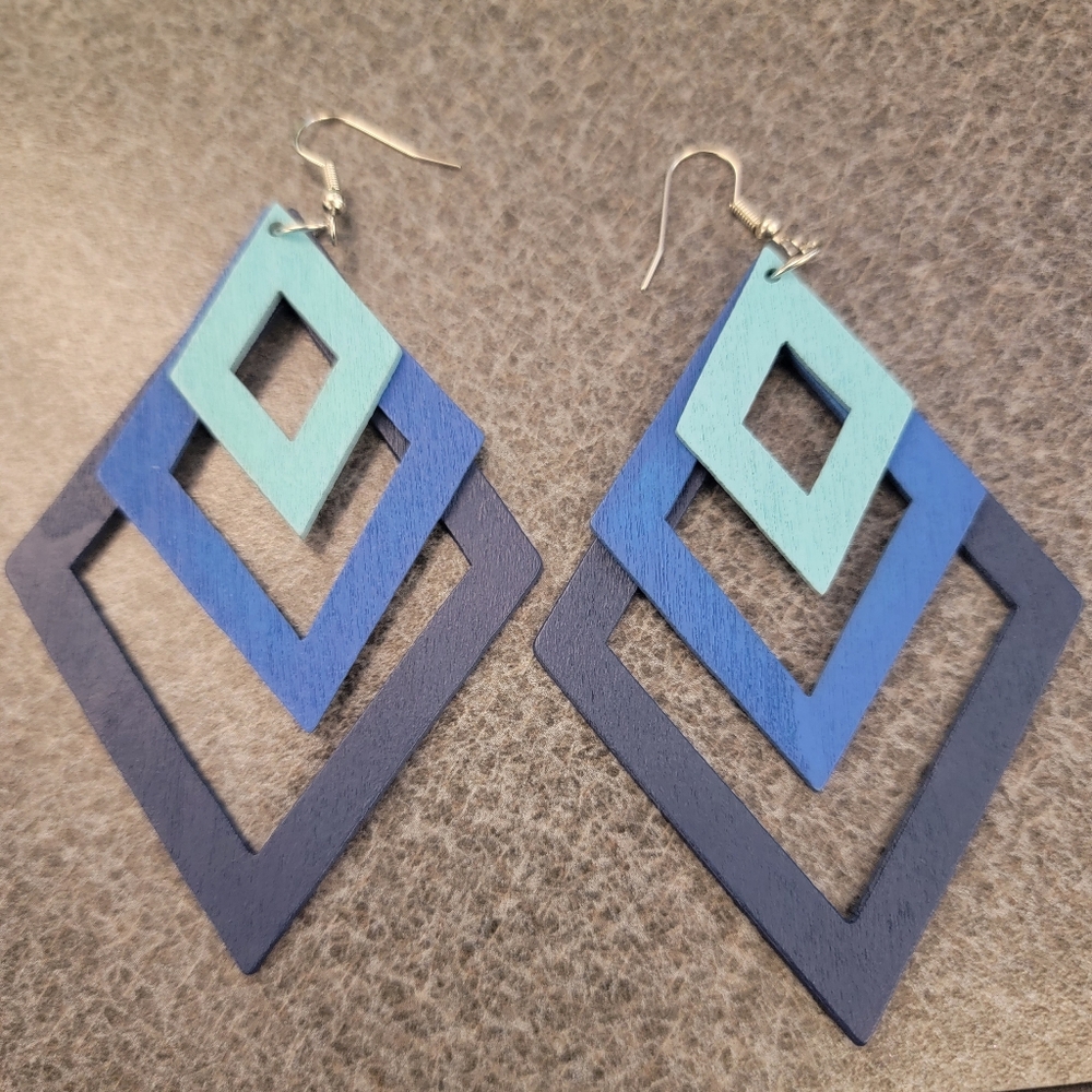 Blue Wood Dangle Earrings